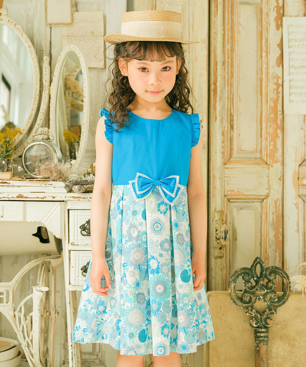 Made in Japan Liberty Print Used Floral Pattern Dress with Ribbon Dress Blue model image up