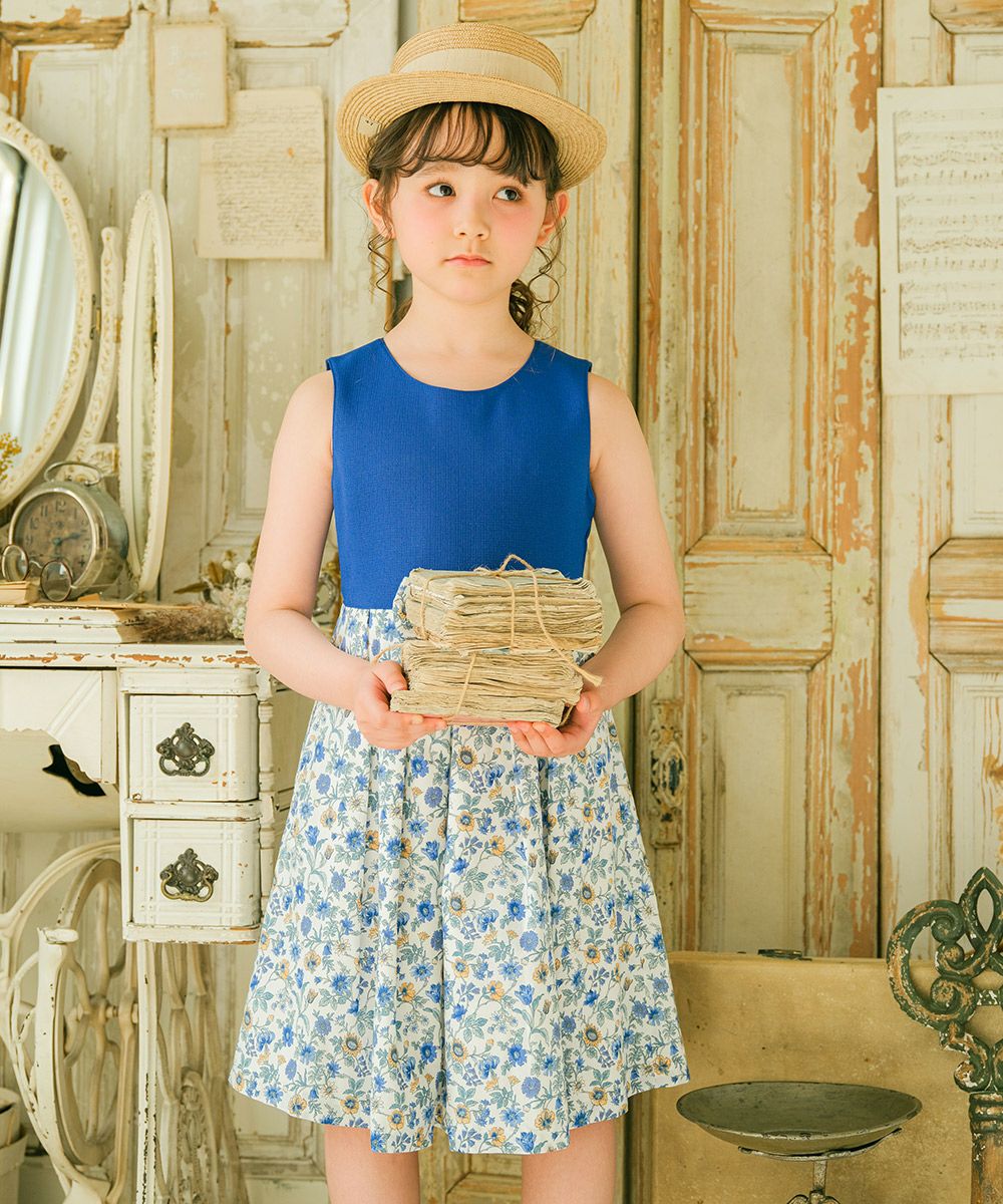 Made in Japan Liberty Print Using Ribbon removal Floral Pattern dress Blue model image whole body