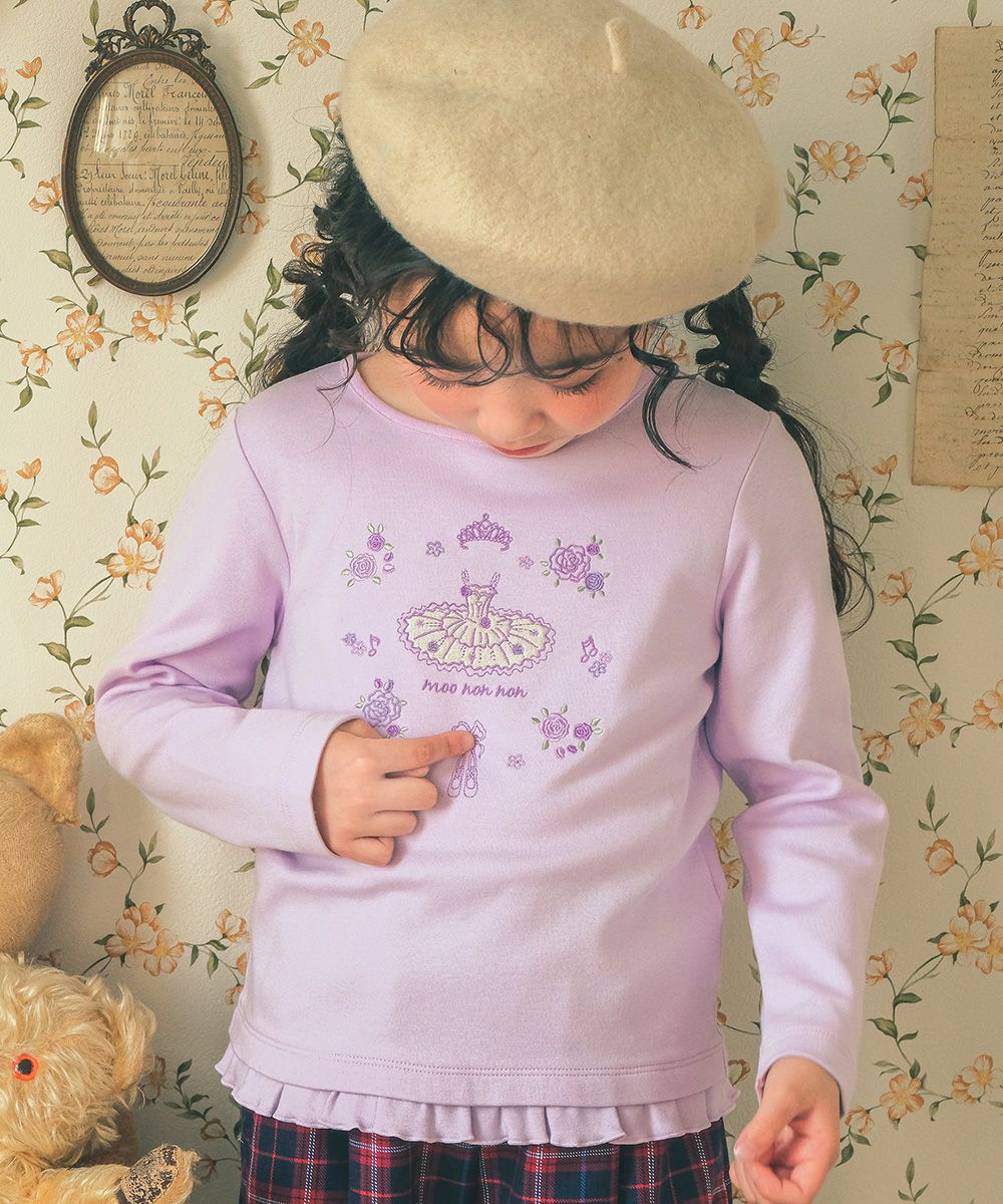100 % cotton ballet motif flower embroidery T -shirt Purple model image up
