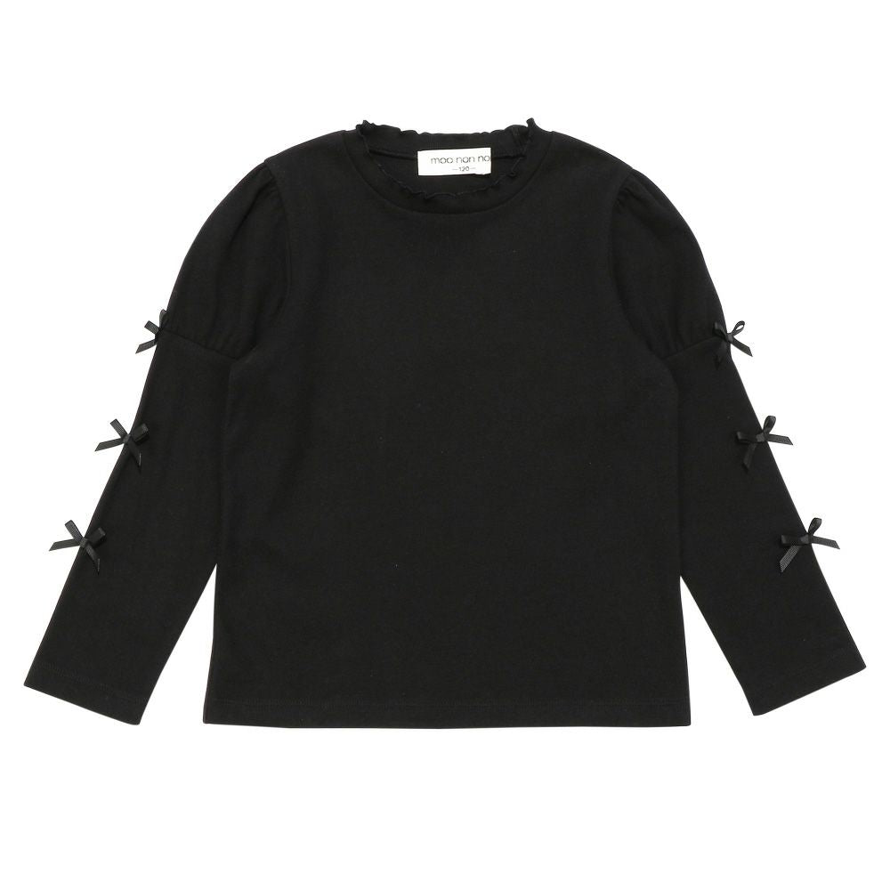 Ribbon Puff Sleeve Cut Saw T -shirt Black front