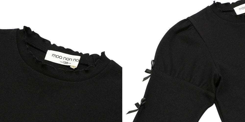 Ribbon Puff Sleeve Cut Saw T -shirt Black Design point 2