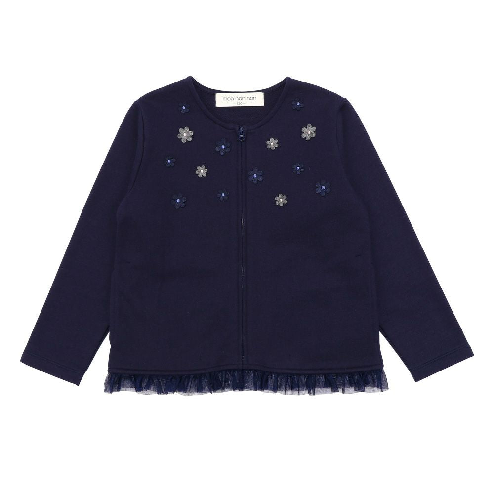 Back hair flower cardigan with pocket & frills Navy front