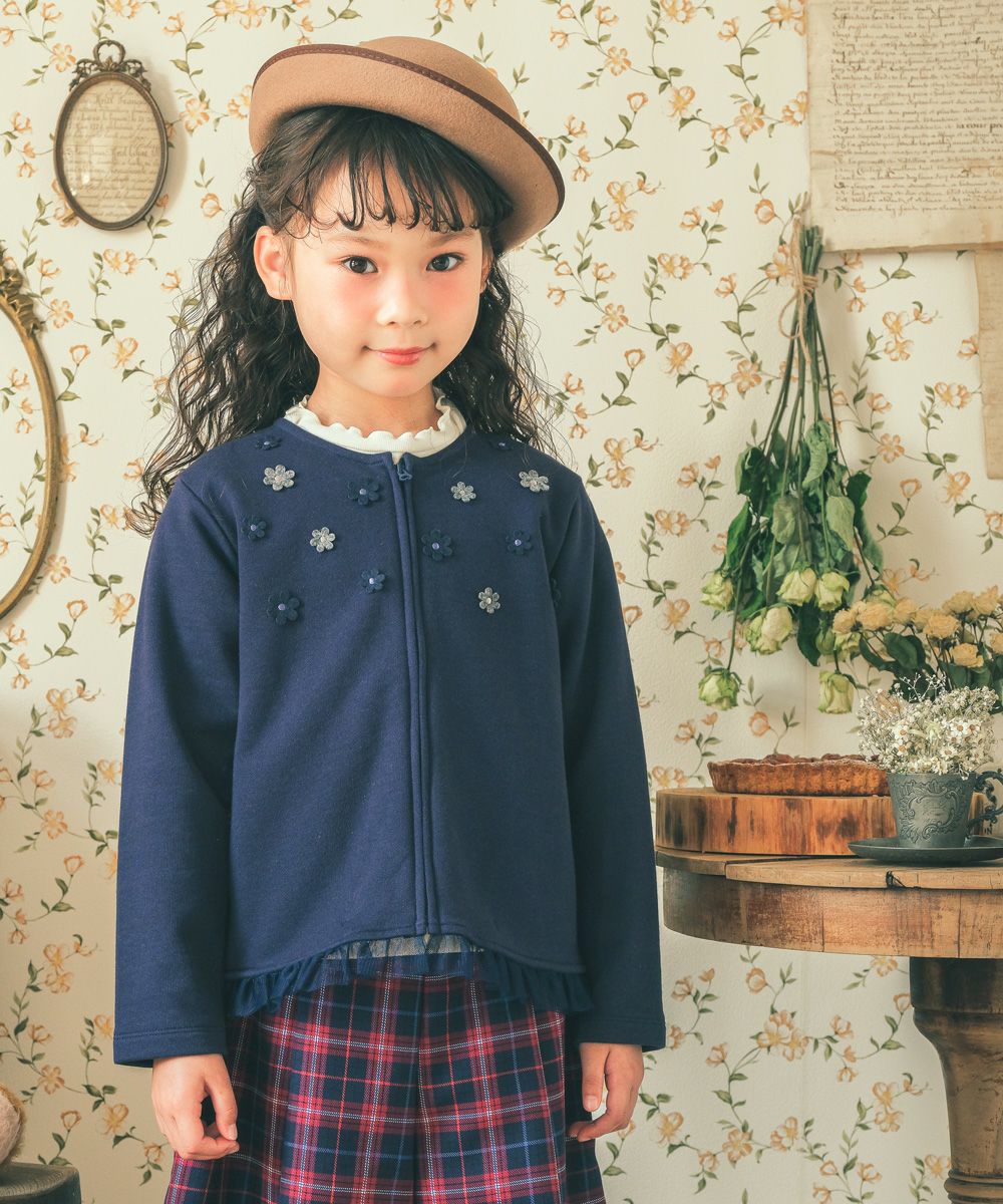 Back hair flower cardigan with pocket & frills Navy model image whole body