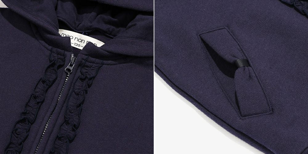 Hood removable frills & pockets back brushed hoodie Navy Design point 1