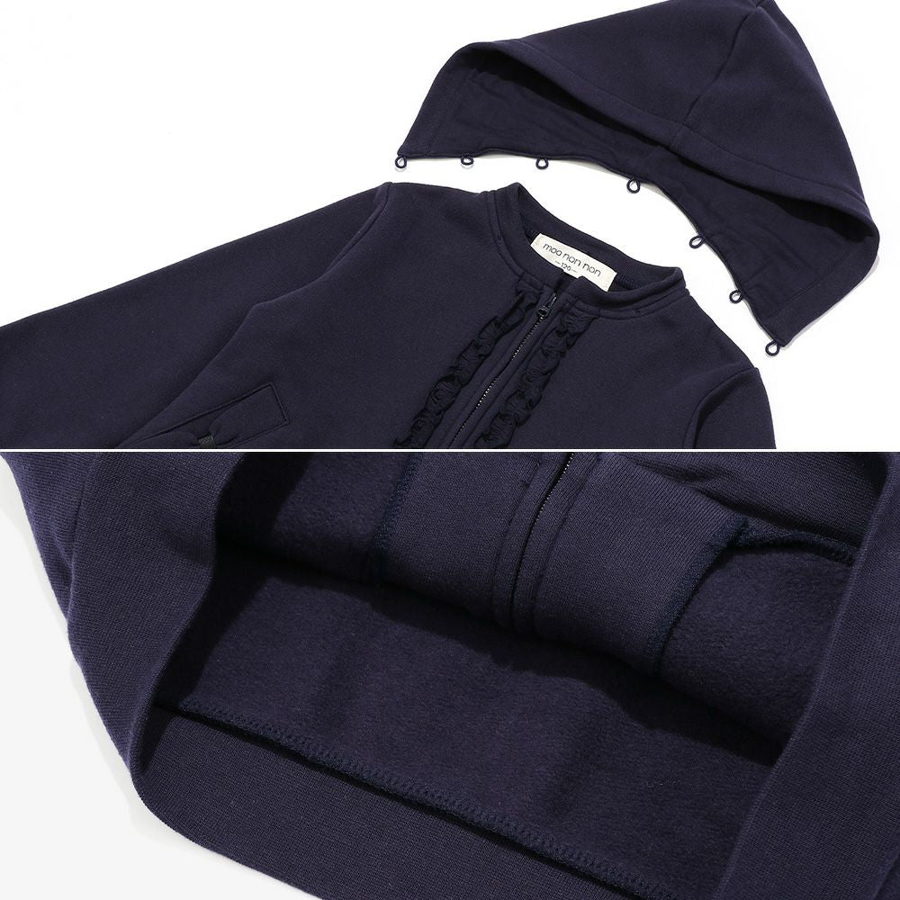Hood removable frills & pockets back brushed hoodie Navy Design point 2