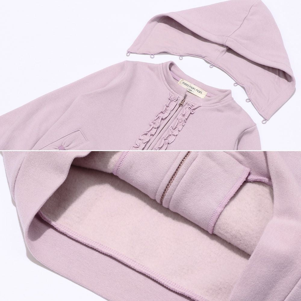 Hood removable frills & pockets back brushed hoodie Purple Design point 2
