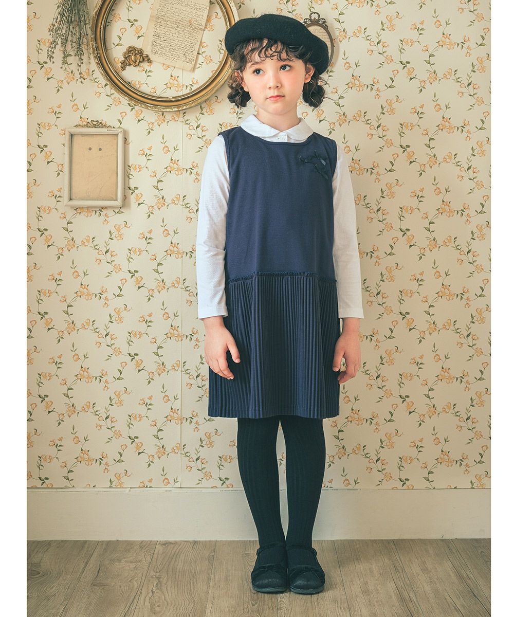 Pleated dress with ribbon Navy model image up