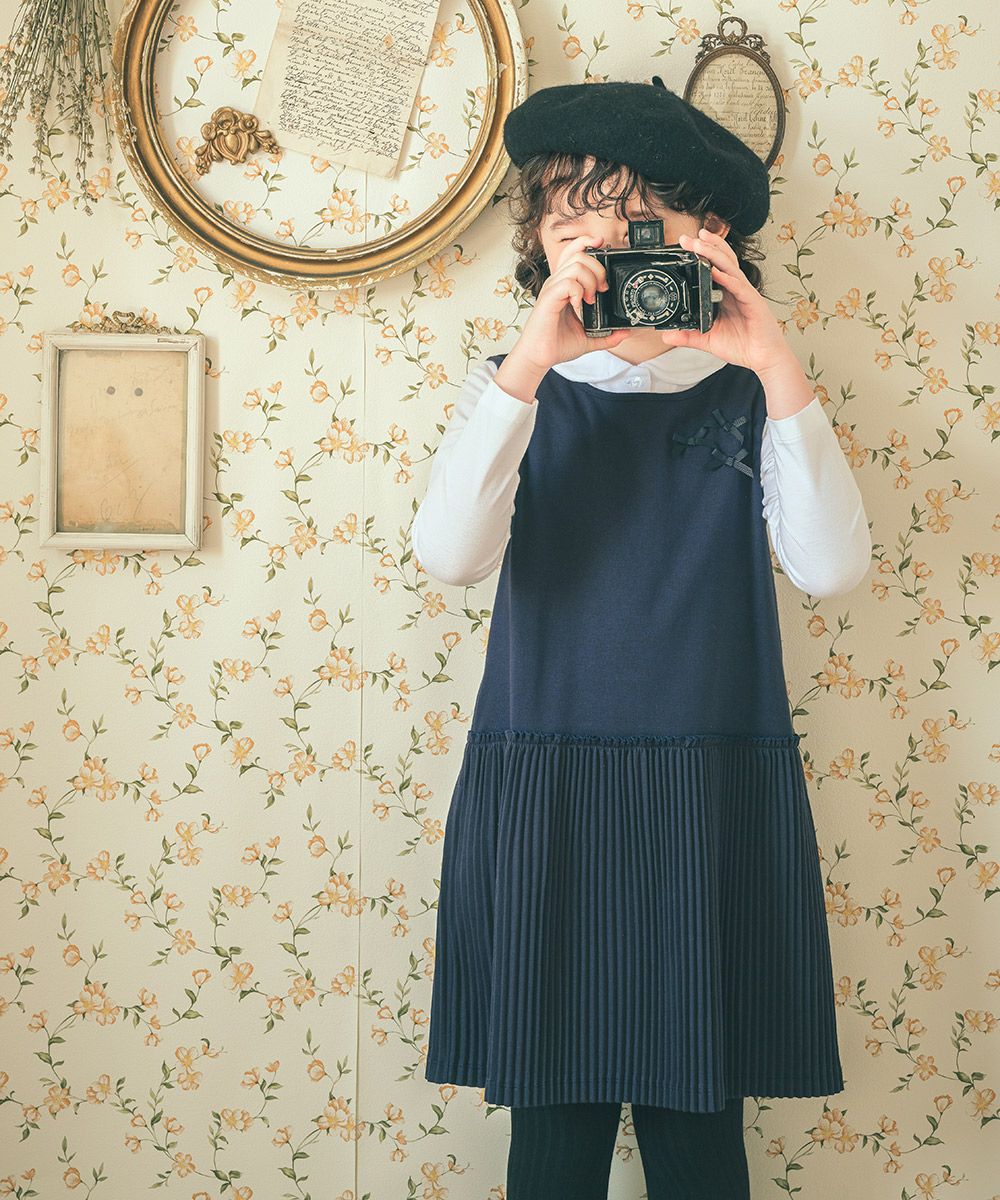 Pleated dress with ribbon Navy model image 1