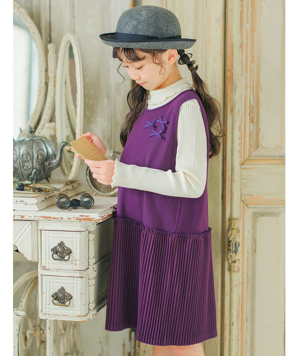 Pleated dress with ribbon Purple model image whole body