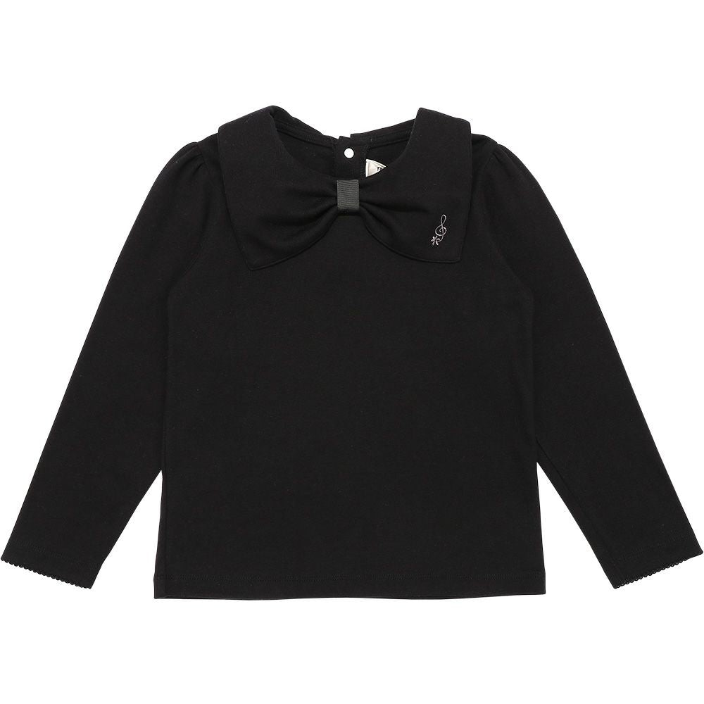 Ribbon collar notes embroidery T -shirt Black front