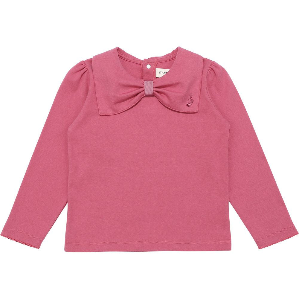 Ribbon collar notes embroidery T -shirt Pink front