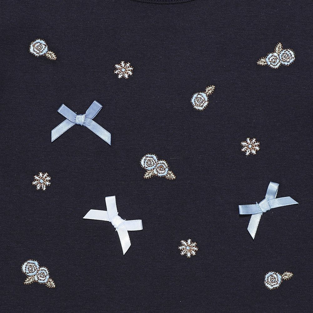 Rose flower & ribbon embroidery hem frill T -shirt Navy Design point 1