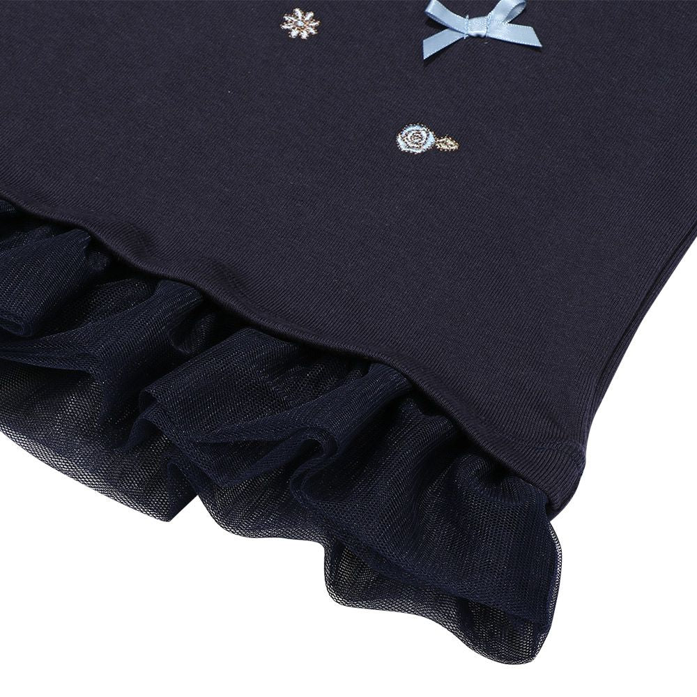 Rose flower & ribbon embroidery hem frill T -shirt Navy Design point 2