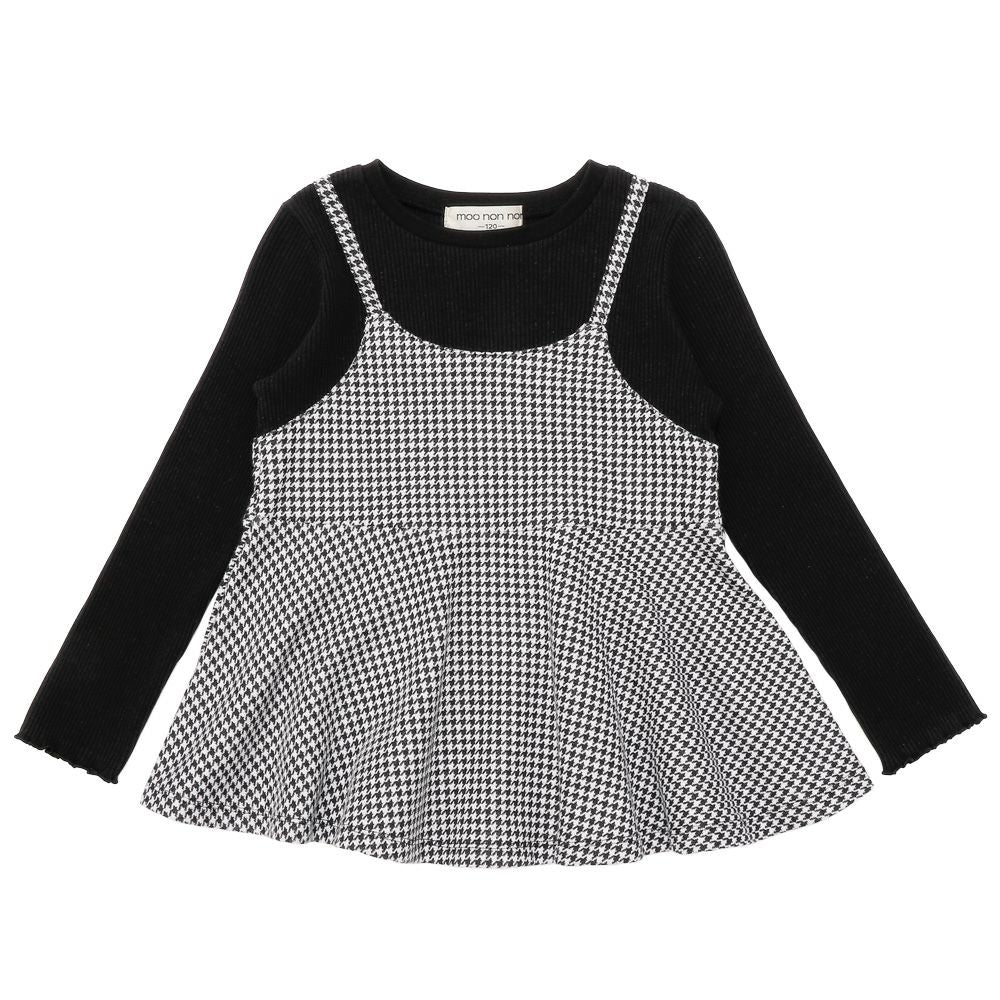 Houndstooth and plaid layered style peplum shirt Black front