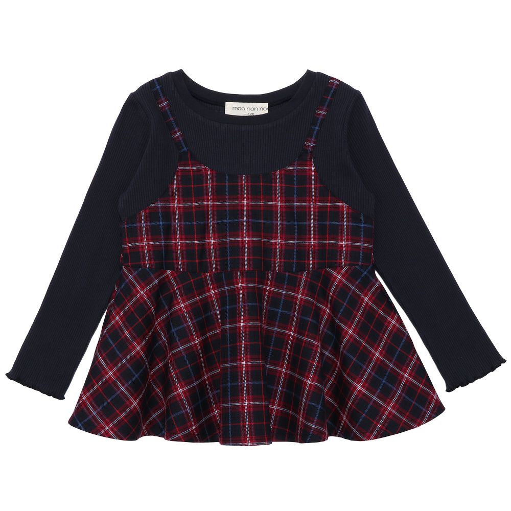 Houndstooth and plaid layered style peplum shirt Navy front