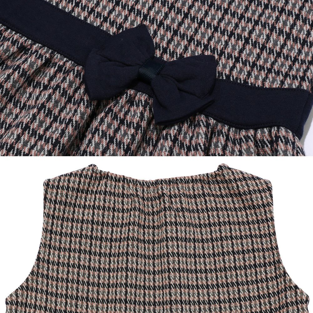 Staggered check pattern dress with ribbon Navy Design point 2