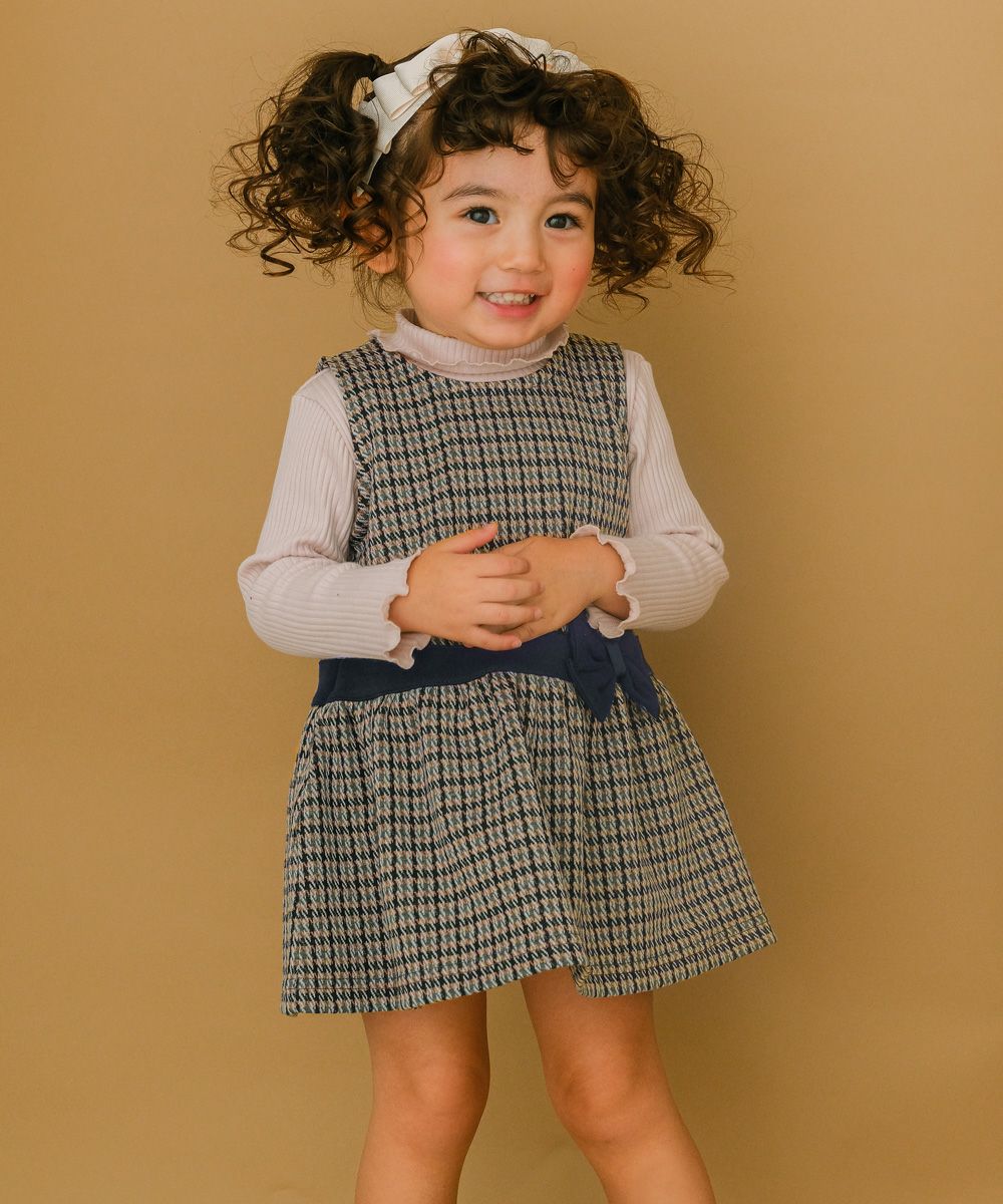 Staggered check pattern dress with ribbon Navy model image 2