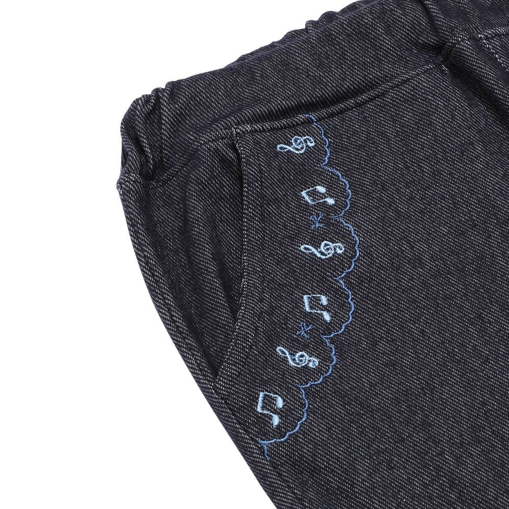 Music embroidery denim knit 10 minutes length stretch pants Navy Design point 1