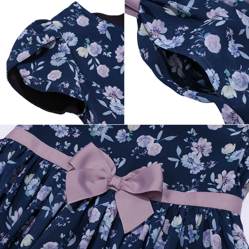 Original floral pattern tulip sleeve dress Navy Design point 1