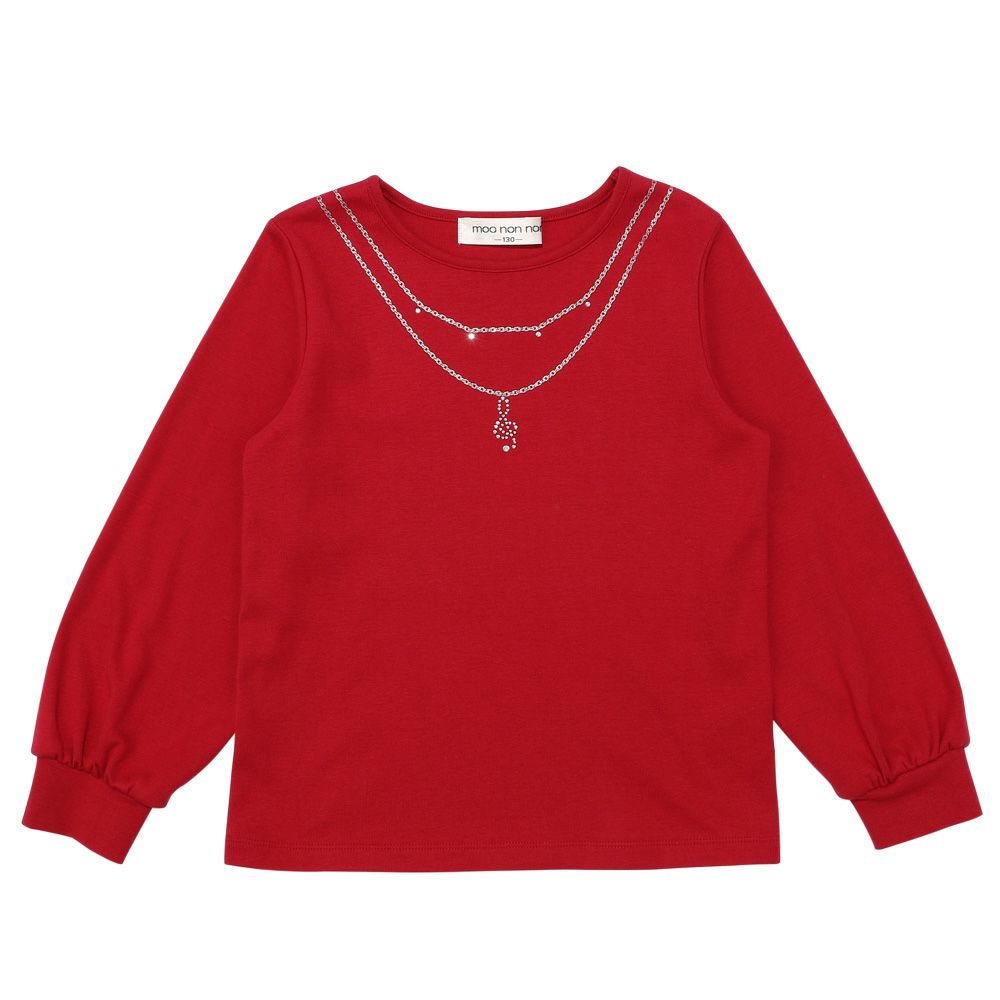 Necklace style glitter print notes Rhinestone T -shirt Red front