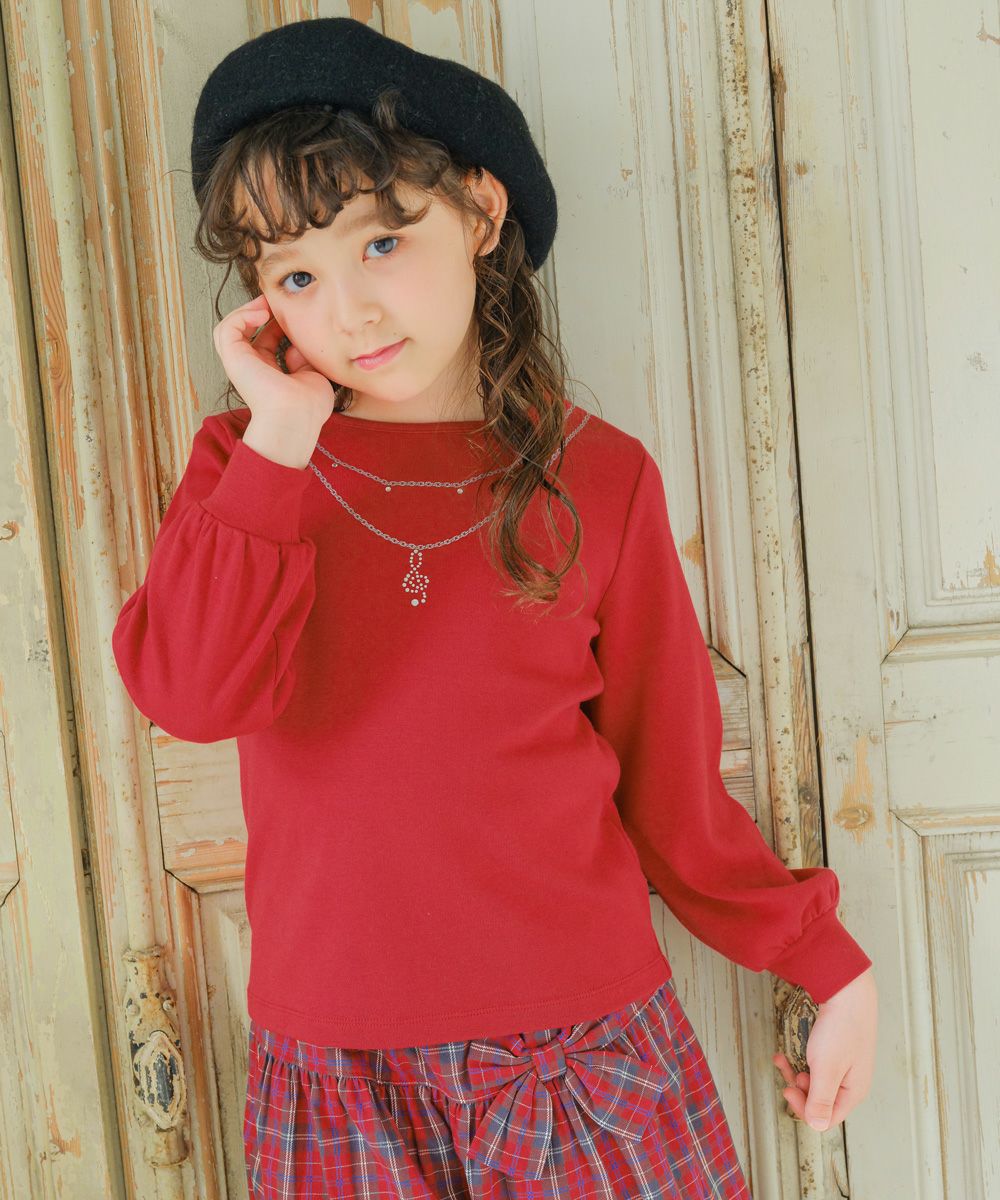 Necklace style glitter print notes Rhinestone T -shirt Red model image up