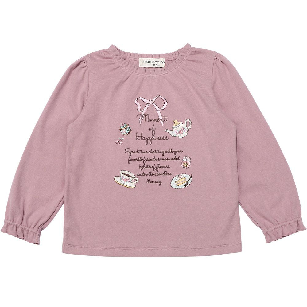 Tea Cup & Sweets Logo Embroidery Sleeve Frill T -shirt Pink front