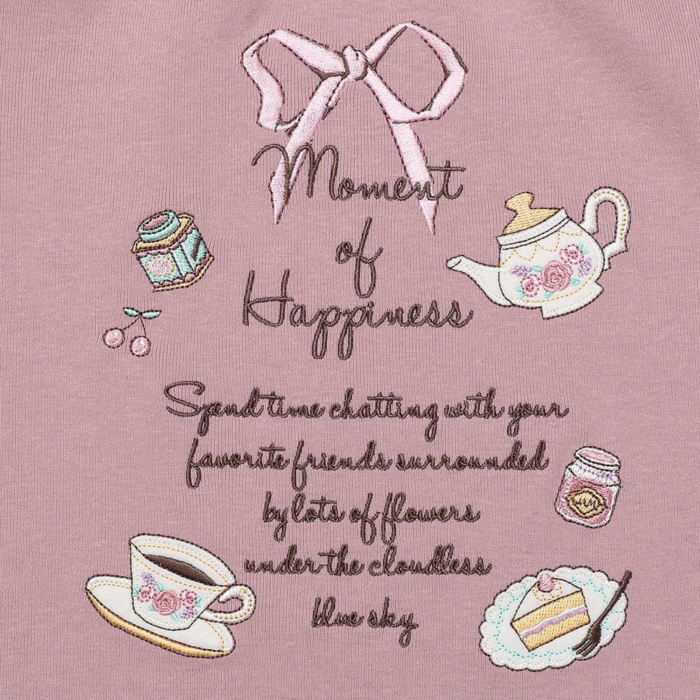Tea Cup & Sweets Logo Embroidery Sleeve Frill T -shirt Pink Design point 1