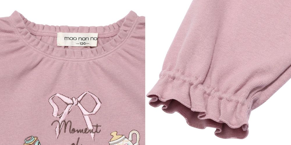 Tea Cup & Sweets Logo Embroidery Sleeve Frill T -shirt Pink Design point 2