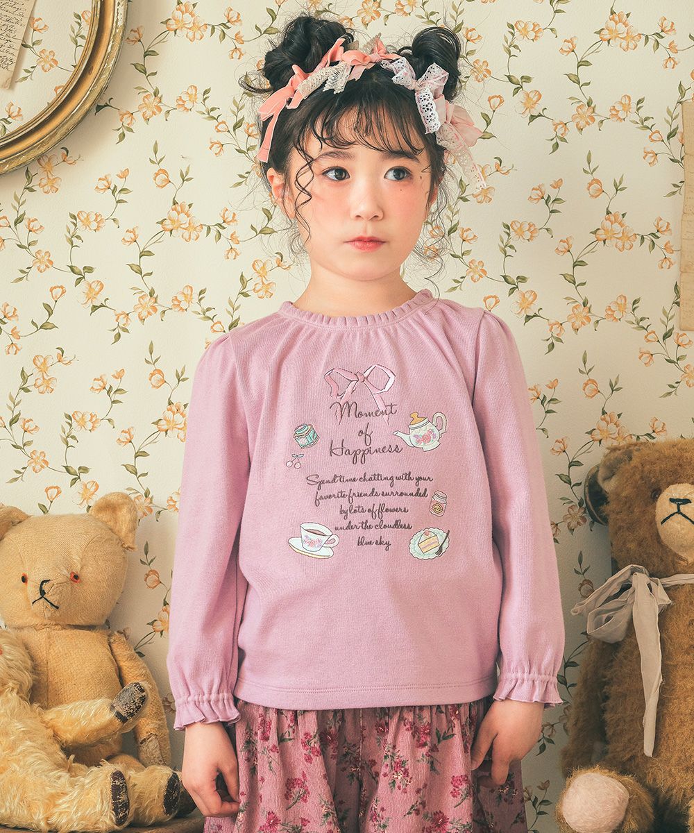 Tea Cup & Sweets Logo Embroidery Sleeve Frill T -shirt Pink model image 1