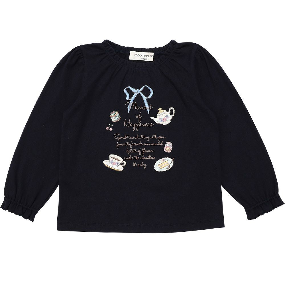 Tea Cup & Sweets Logo Embroidery Sleeve Frill T -shirt Navy front
