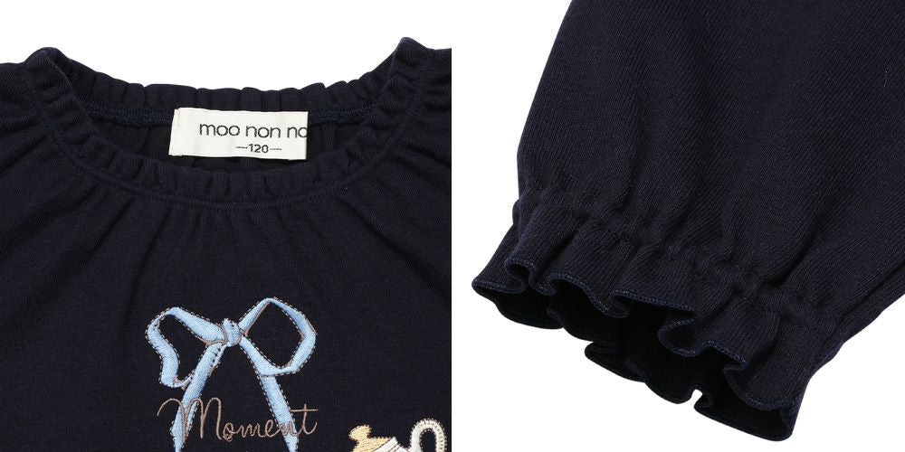 Tea Cup & Sweets Logo Embroidery Sleeve Frill T -shirt Navy Design point 2