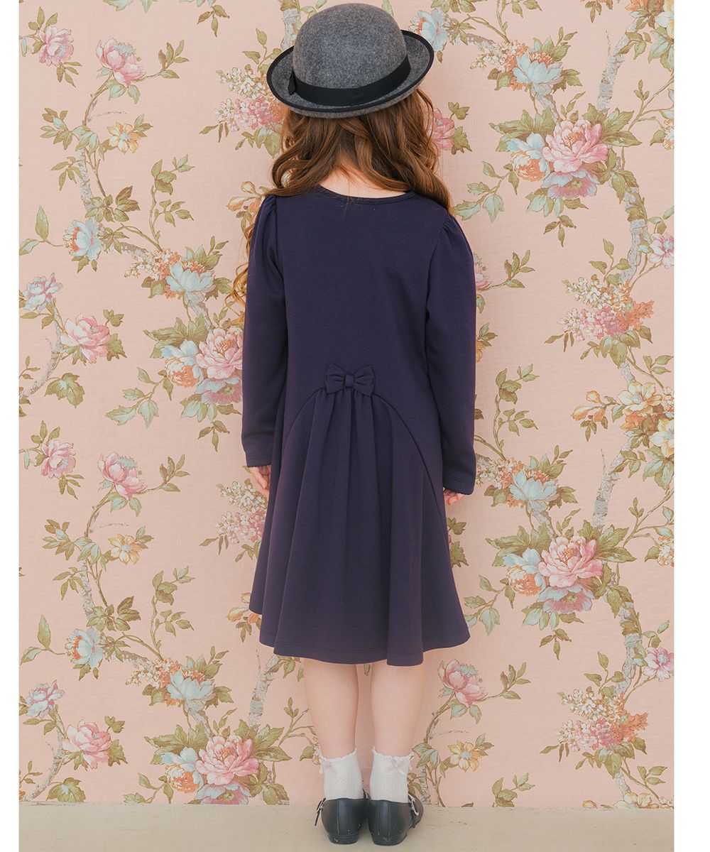 Flare dress with double knit note embroidery ribbon Navy model image 2