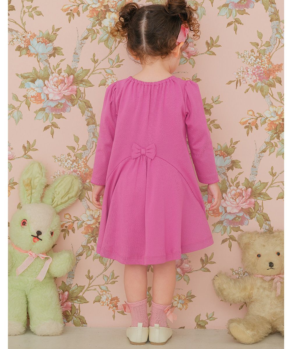 Double knit note embroidery ribbon flare A line dress Pink model image 2