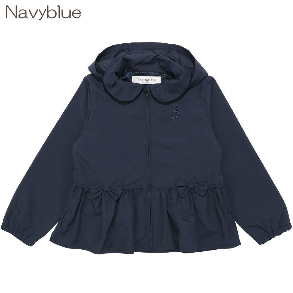 Hood storage possible embroidery & ribbon frilled zip -up hoodie Navy front