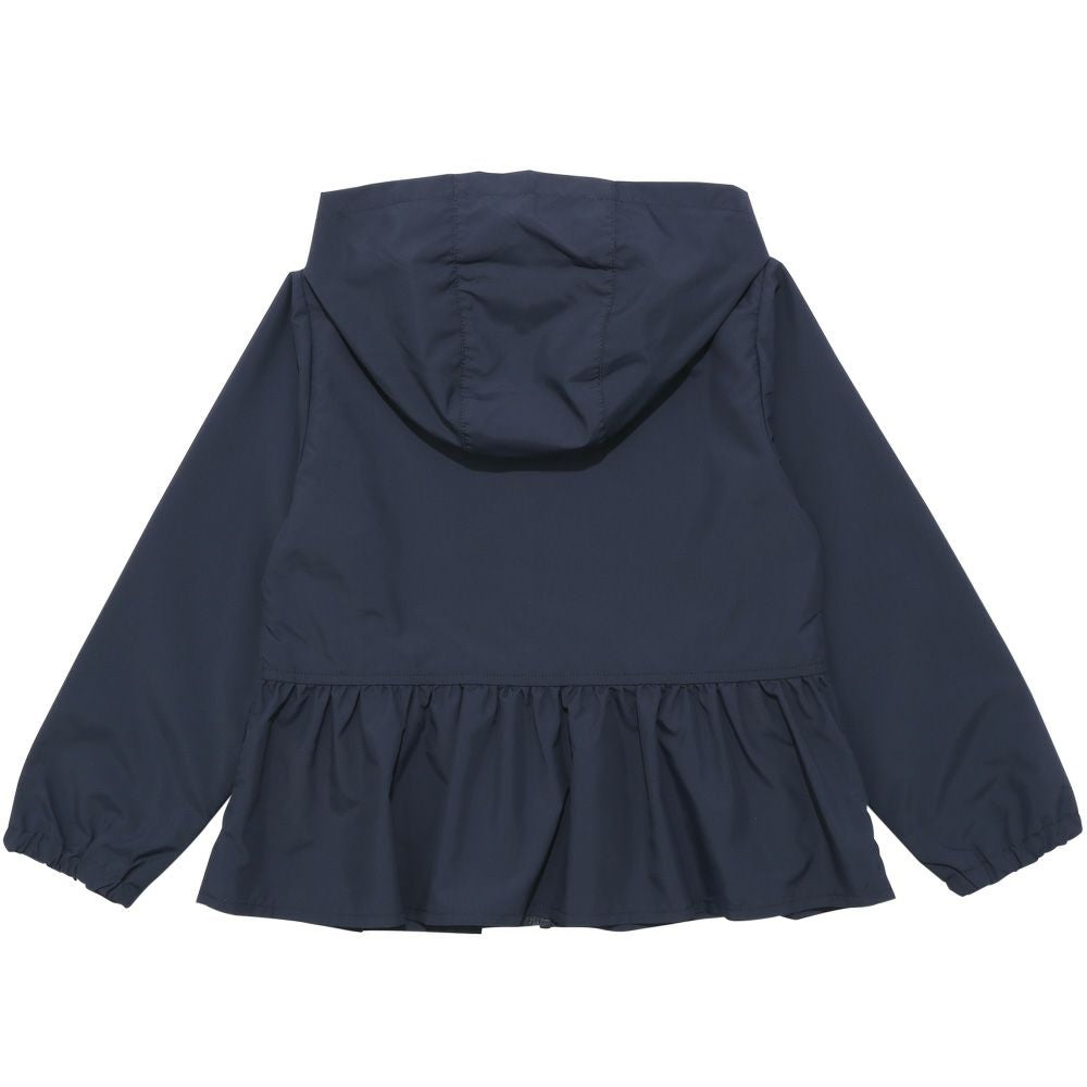 Hood storage possible embroidery & ribbon frilled zip -up hoodie Navy back