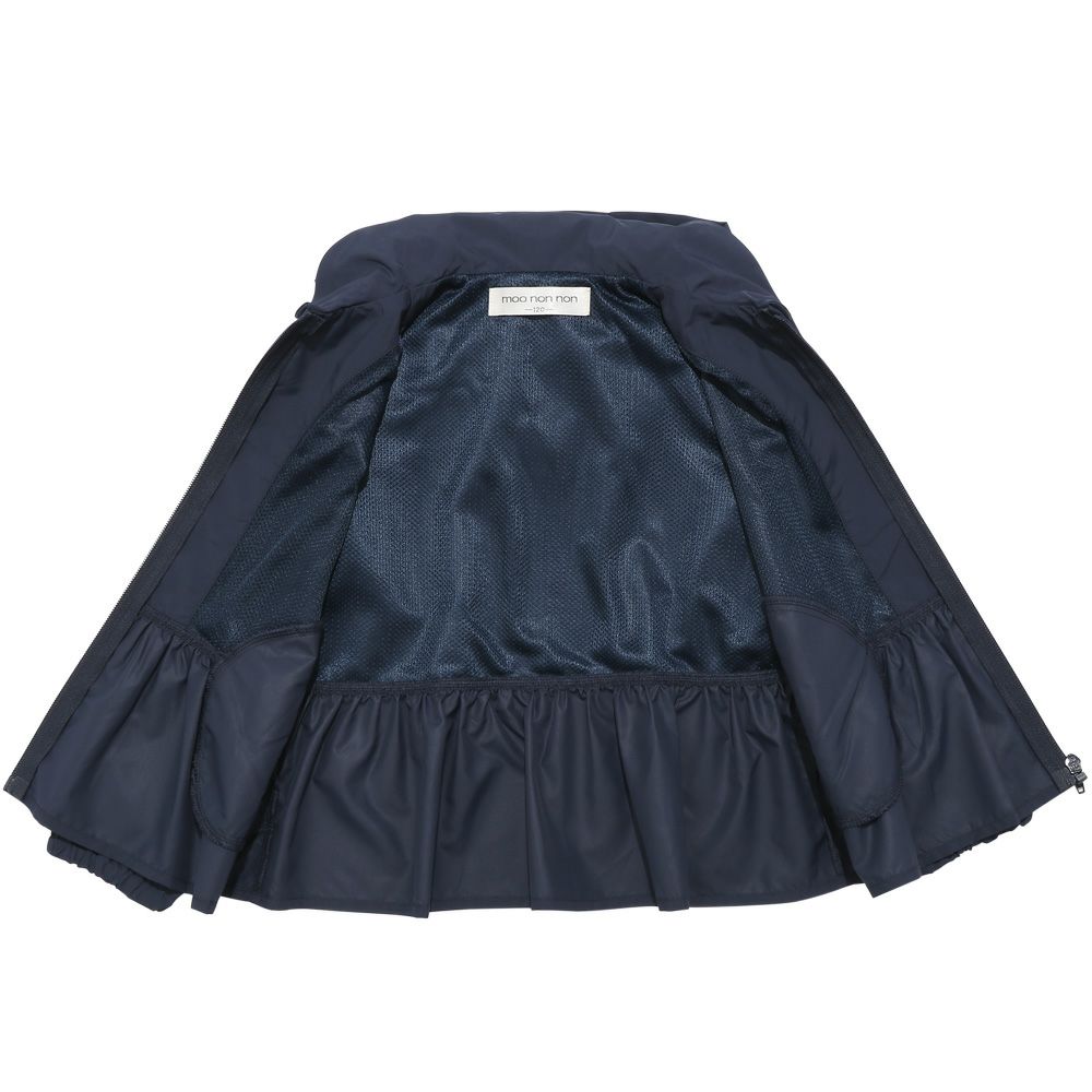 Hood storage possible embroidery & ribbon frilled zip -up hoodie Navy Design point 1