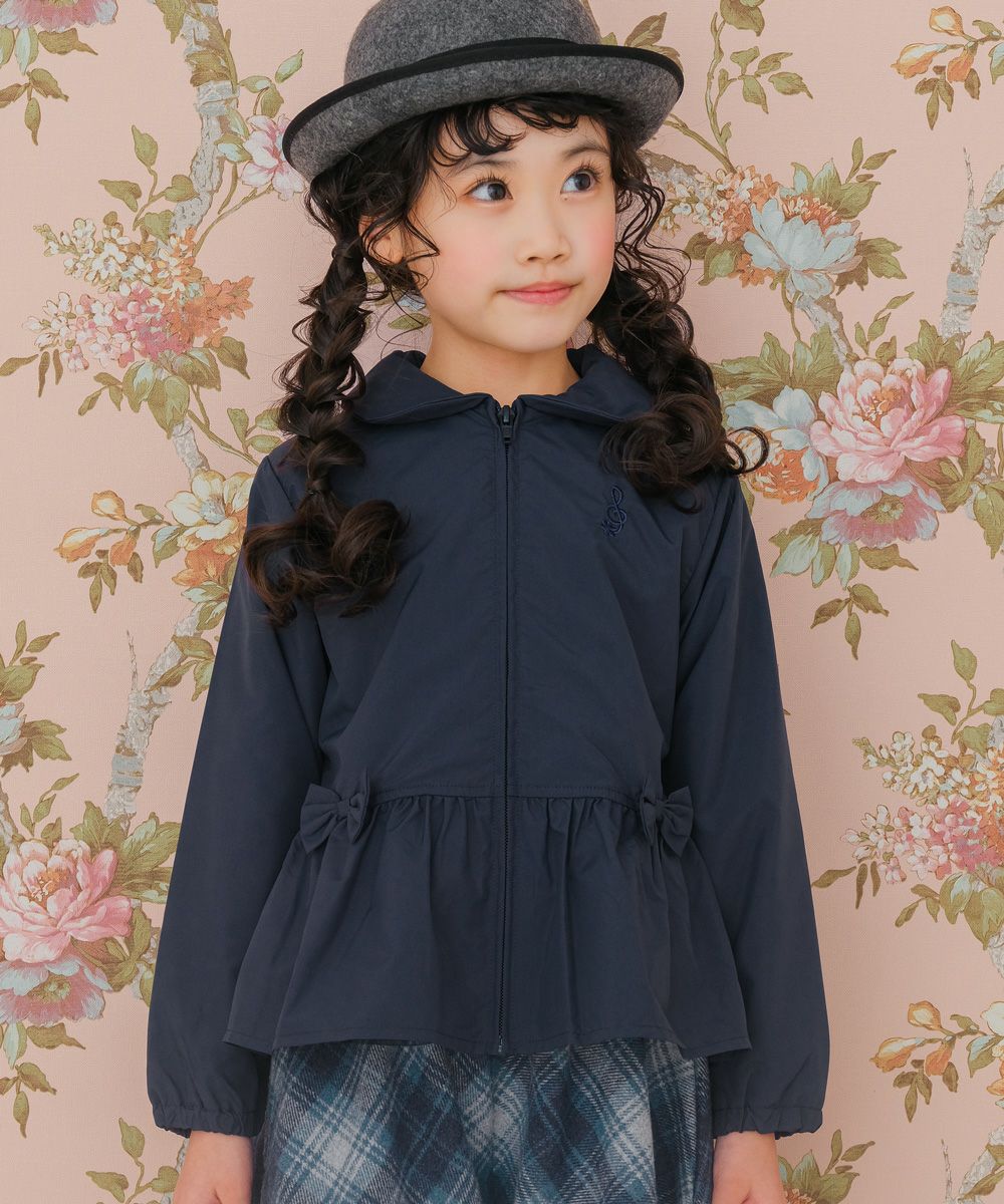 Hood storage possible embroidery & ribbon frilled zip -up hoodie Navy model image up
