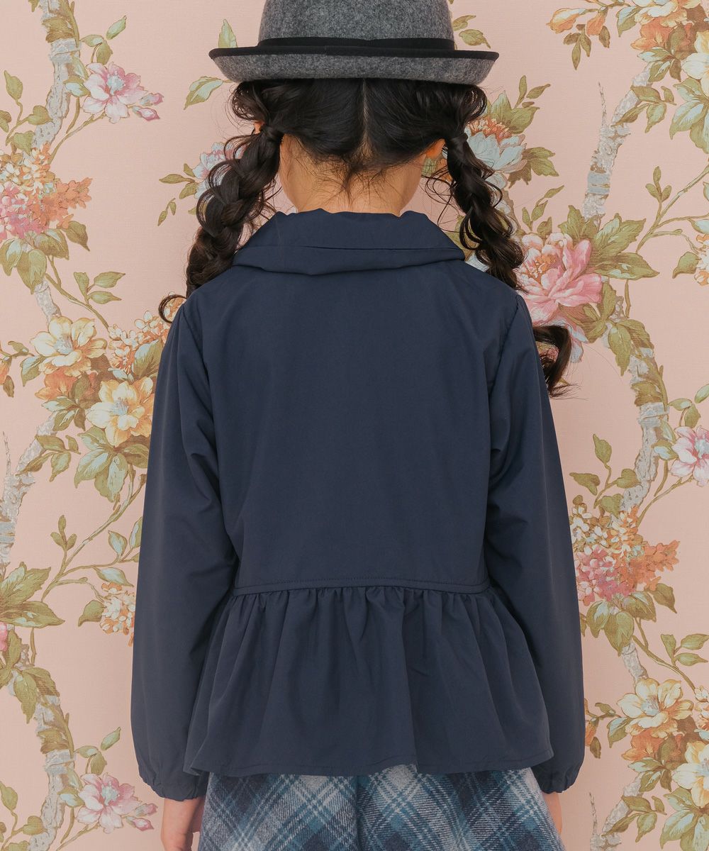 Hood storage possible embroidery & ribbon frilled zip -up hoodie Navy model image whole body