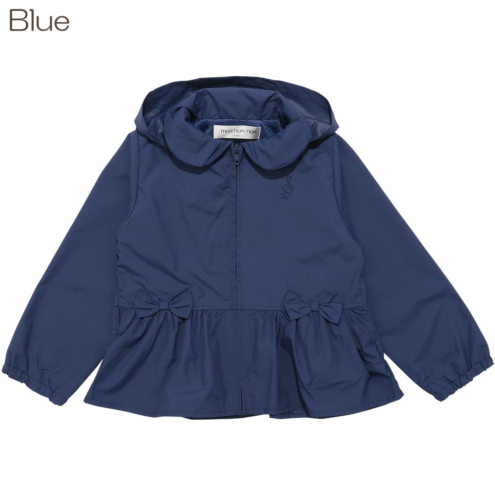 Hood storage possible embroidery & ribbon frilled zip -up hoodie Blue front