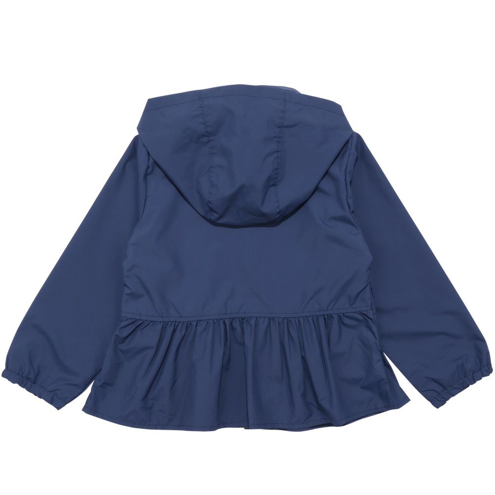 Hood storage possible embroidery & ribbon frilled zip -up hoodie Blue back