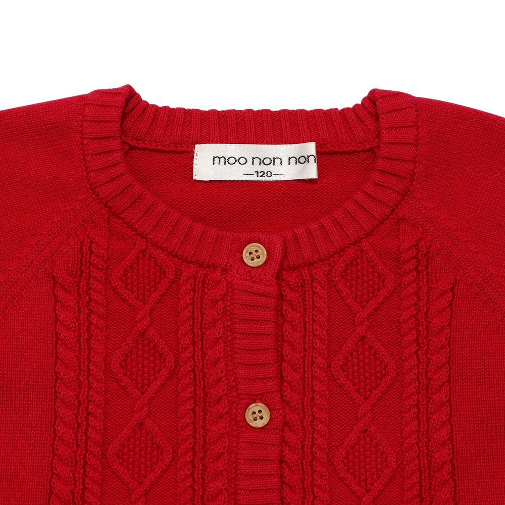 100% cotton cable knit cardigan Red Design point 1