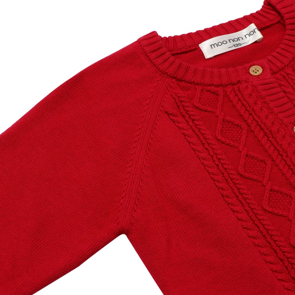 100% cotton cable knit cardigan Red Design point 2