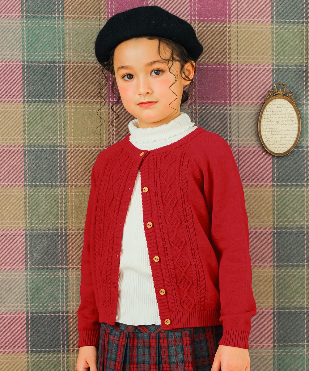 100% cotton cable knit cardigan Red model image up