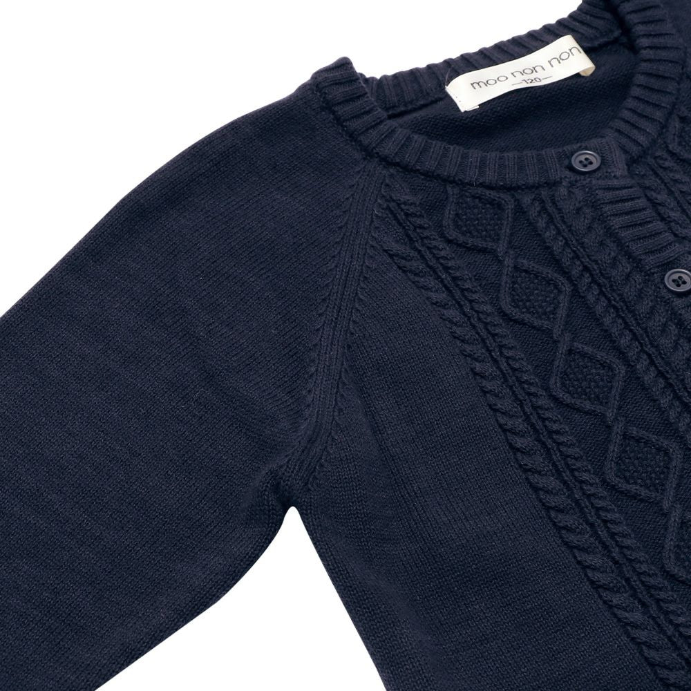 100% cotton cable knit cardigan Navy Design point 2