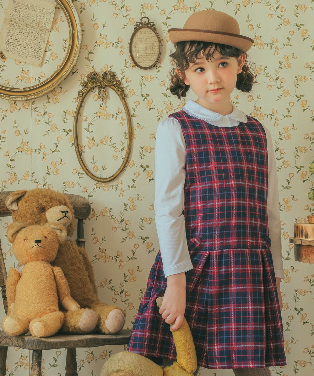 Original check pattern with ribbon dress Navy model image up