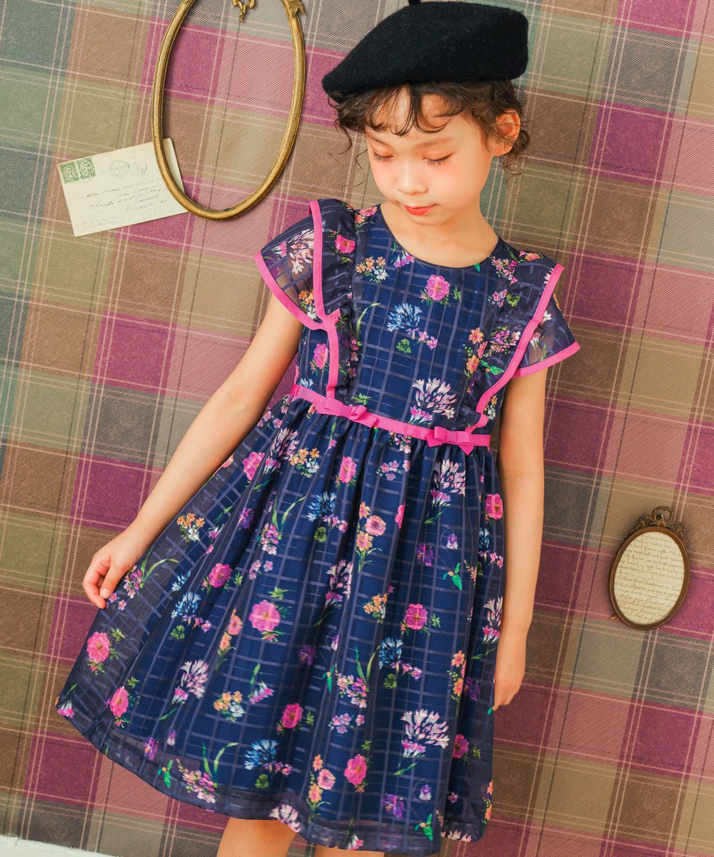 Floral pattern dress with Japanese lining Navy model image up