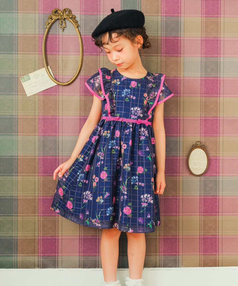 Floral pattern dress with Japanese lining Navy model image whole body