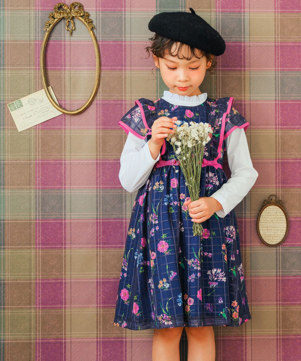 Floral pattern dress with Japanese lining Navy model image 2
