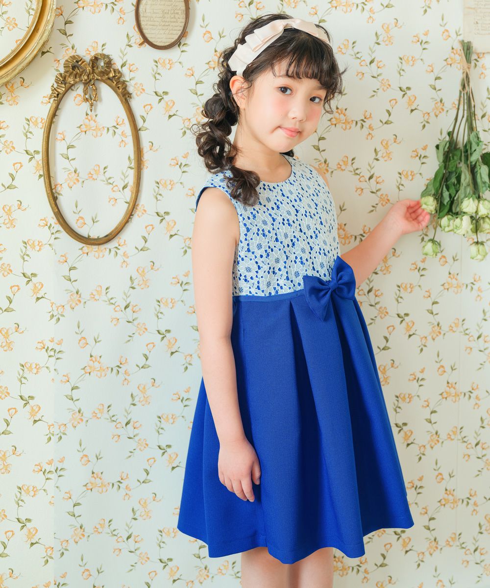 Floral lace dress with ribbon made in Japan Navy model image up