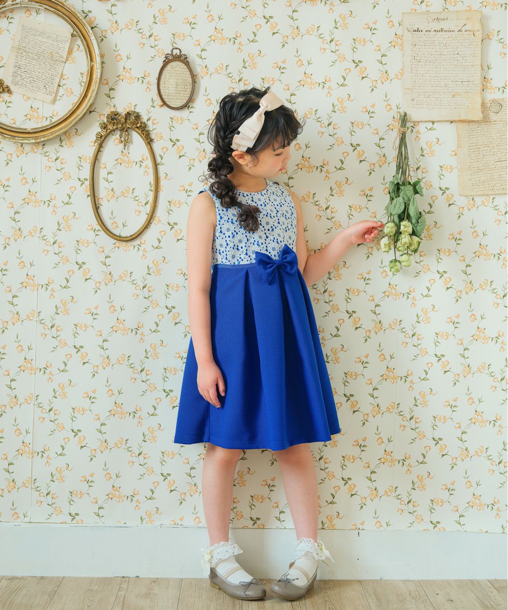 Floral lace dress with ribbon made in Japan Navy model image whole body